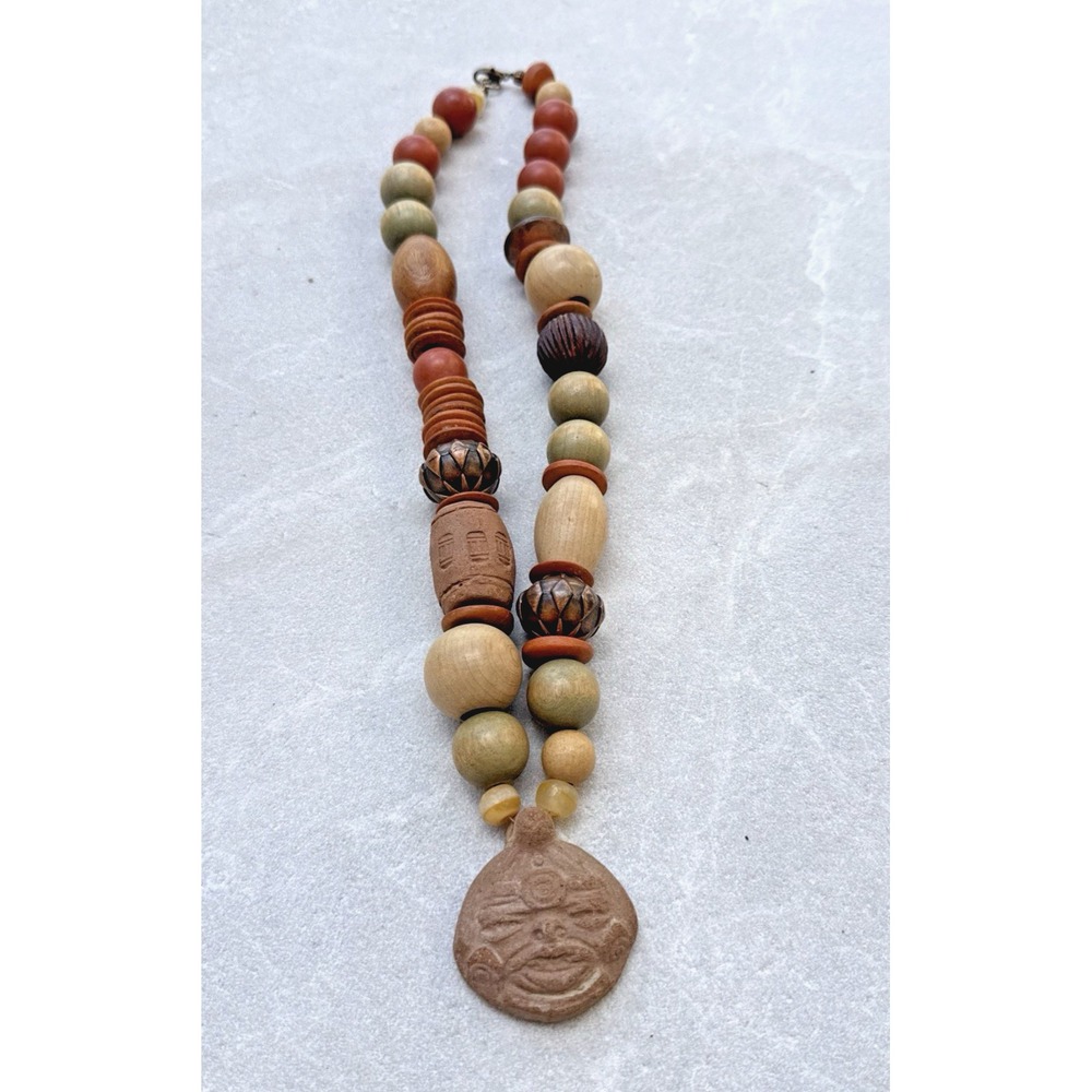 CAROLYN TANNER Artisan Chunky Statement Necklace Carved Wood Beads Face Pendant